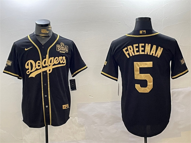 Men's Los Angeles Dodgers #5 Freddie Freeman Black/Gold 2024 World Series Patch And Champions Patch Cool Base Stitched Baseball Jersey Men's Los Angeles Dodgers #5 Freddie Freeman Black/Gold 2024 World Series Patch And Champions Patch Cool Base Stitched Baseball Jersey